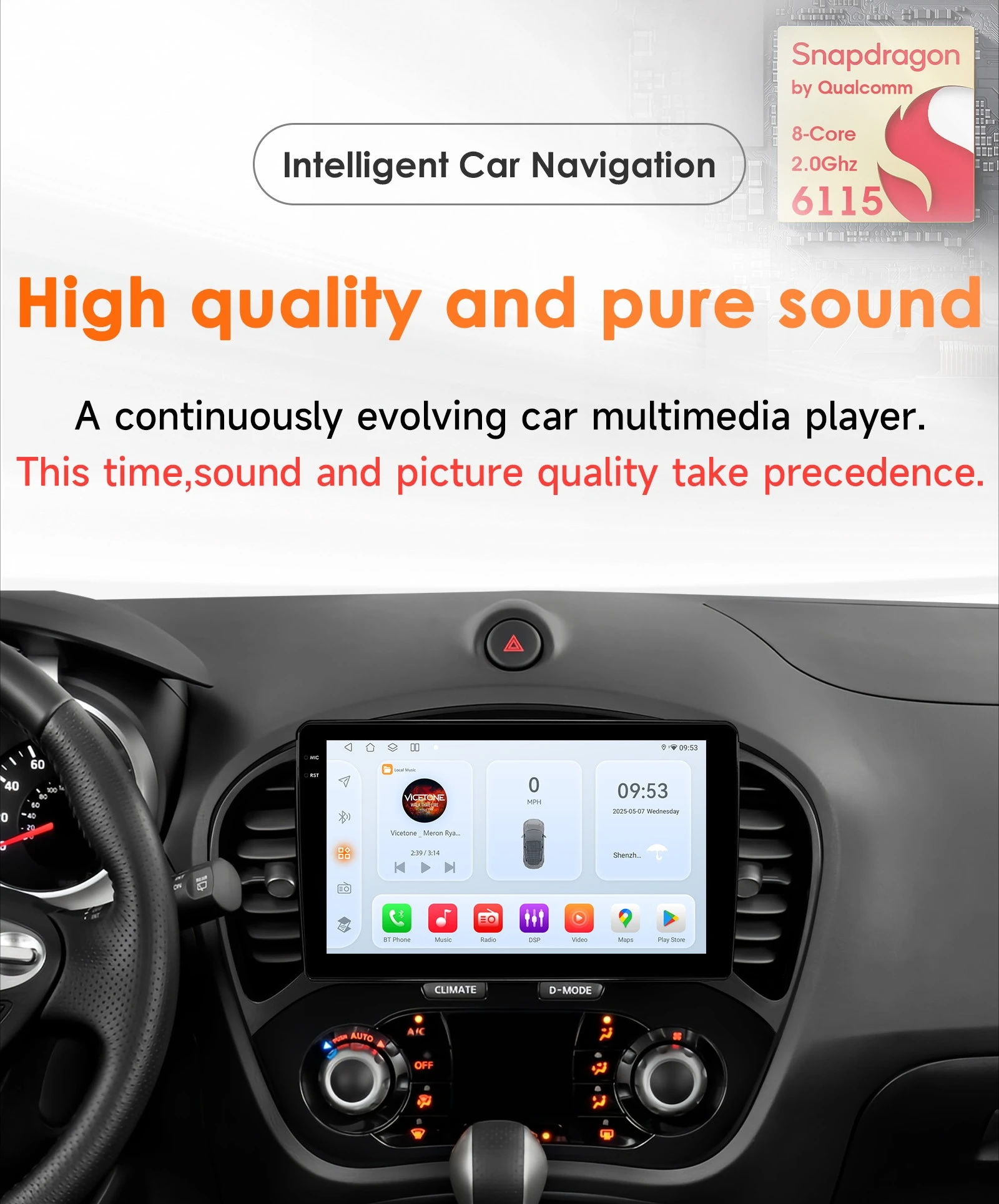 8-Kern Android Autoradio-Player für Nissan Juke 2010-2014 Kabelloses Carplay Auto-Multimedia 6115 Touchscreen Auto-GPS 360-Grad-Kamera
