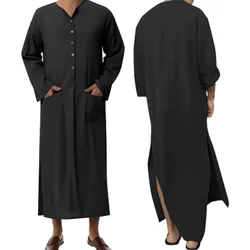 Muslim Men Clothing Jubba Thobe Long Sleeve Button Up Breathable Robes Men Thobe Robe Loose Dubai Saudi Arab Kaftan Muslim Dress