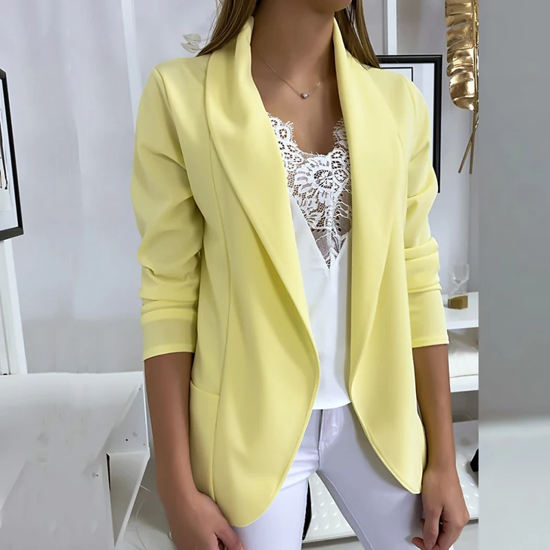 

Повседневный женский пиджак с отложным воротником, осеннее офисное пальто с длинными рукавами, тонкие однотонные куртки, элегантная карманная верхняя одежда для поездок на работу