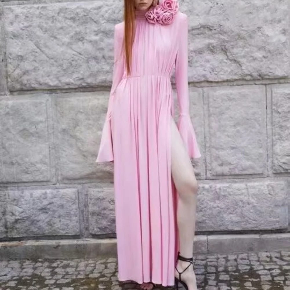 STEVDITG Pink High Necked Long Sleeved Formal Evening Dress Rose Flower Sexy Slit High-quality Customized Dress