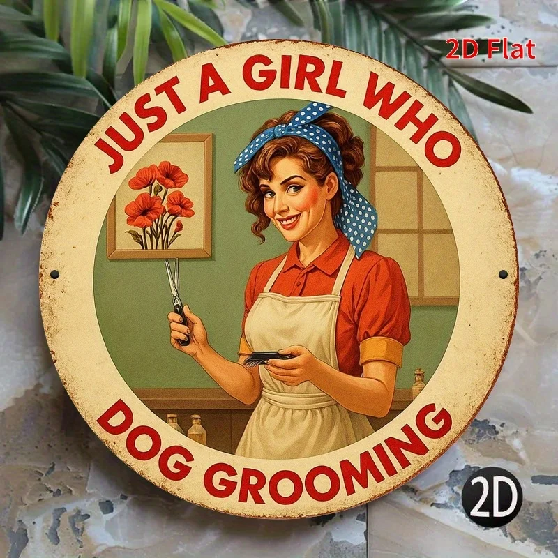 2D Vintage Metal Sign Board Wall Art Decor for Dog Groomer Lovers, Flat Print with Groomer Dog Graphic, Rustic Farmhouse Style,