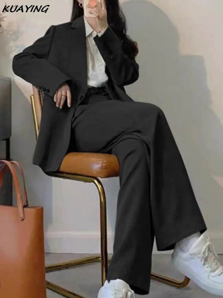 Woman Office Clothes Two Pieces Set Chic Casual Loose Business Blazer Wide Leg Pantsuit Fashion Korean Trousers Formal Suit