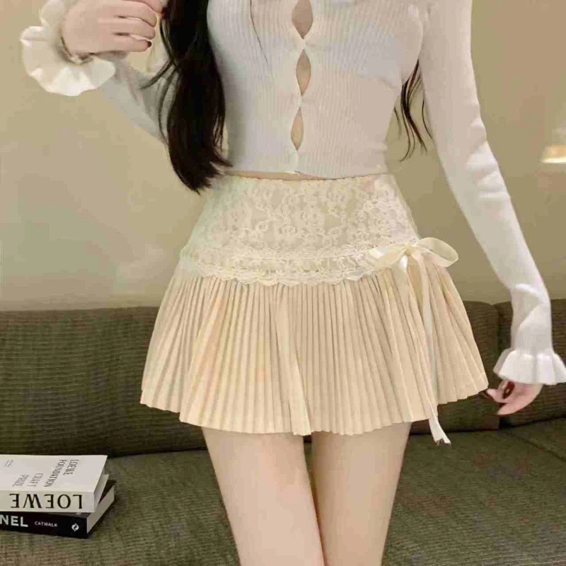 

2025 Spring Summer Y2k Skirt Women Lace Tie Bow High Waist Pleated A-line Mini Skirts Sweet Chic Slim All Match Faldas