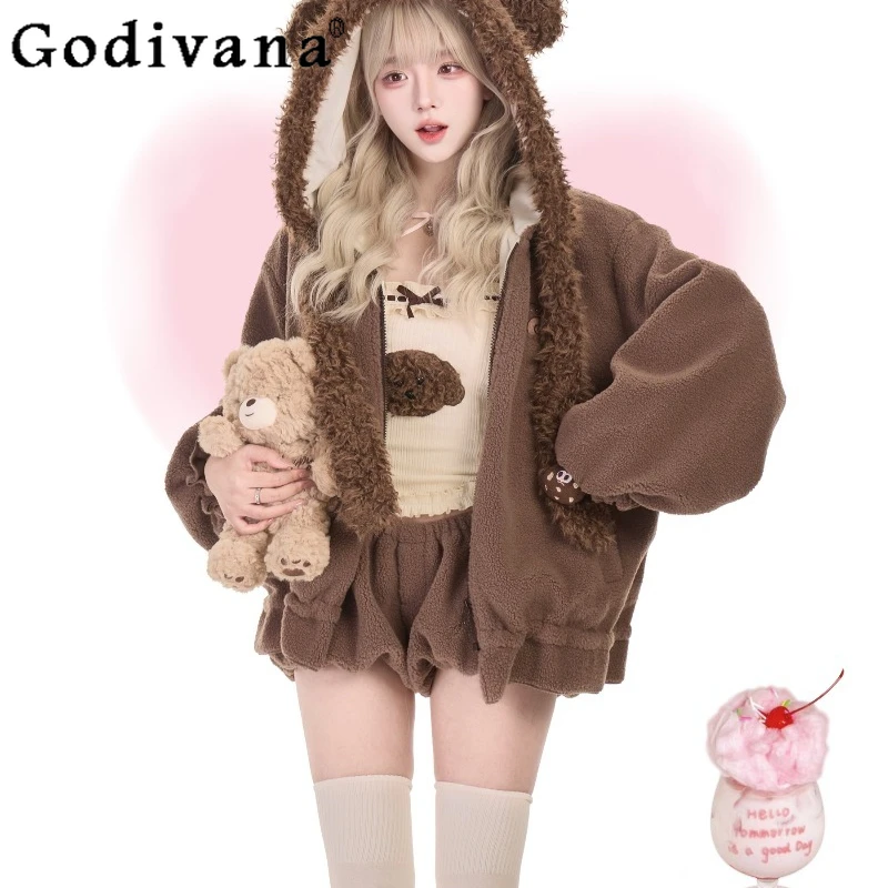 الإناث اليابانية نمط لوليتا وتتسابق محبوك بروتيل أفخم السراويل أفخم سترة مع بروش ثلاث قطع مجموعة النساء الدعاوى الحلو