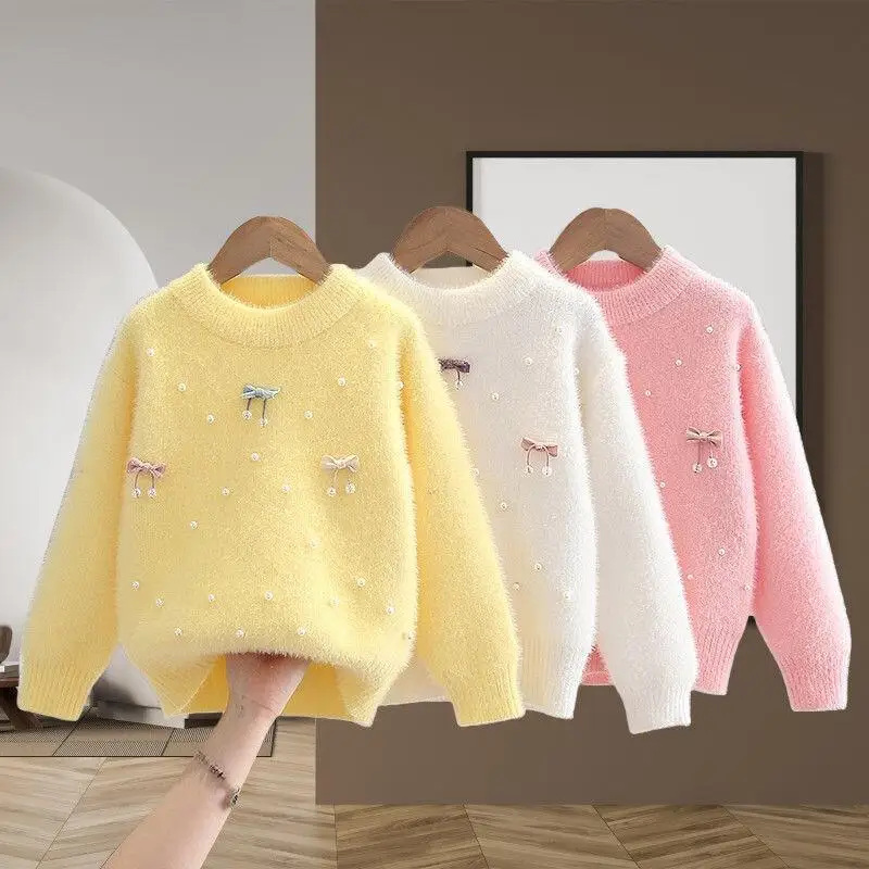 

2025 вязаный свитер для девочек, осенне-зимний пуловер с бантом, топы с круглым вырезом и длинными рукавами, удобная детская одежда для детей 4-8 лет