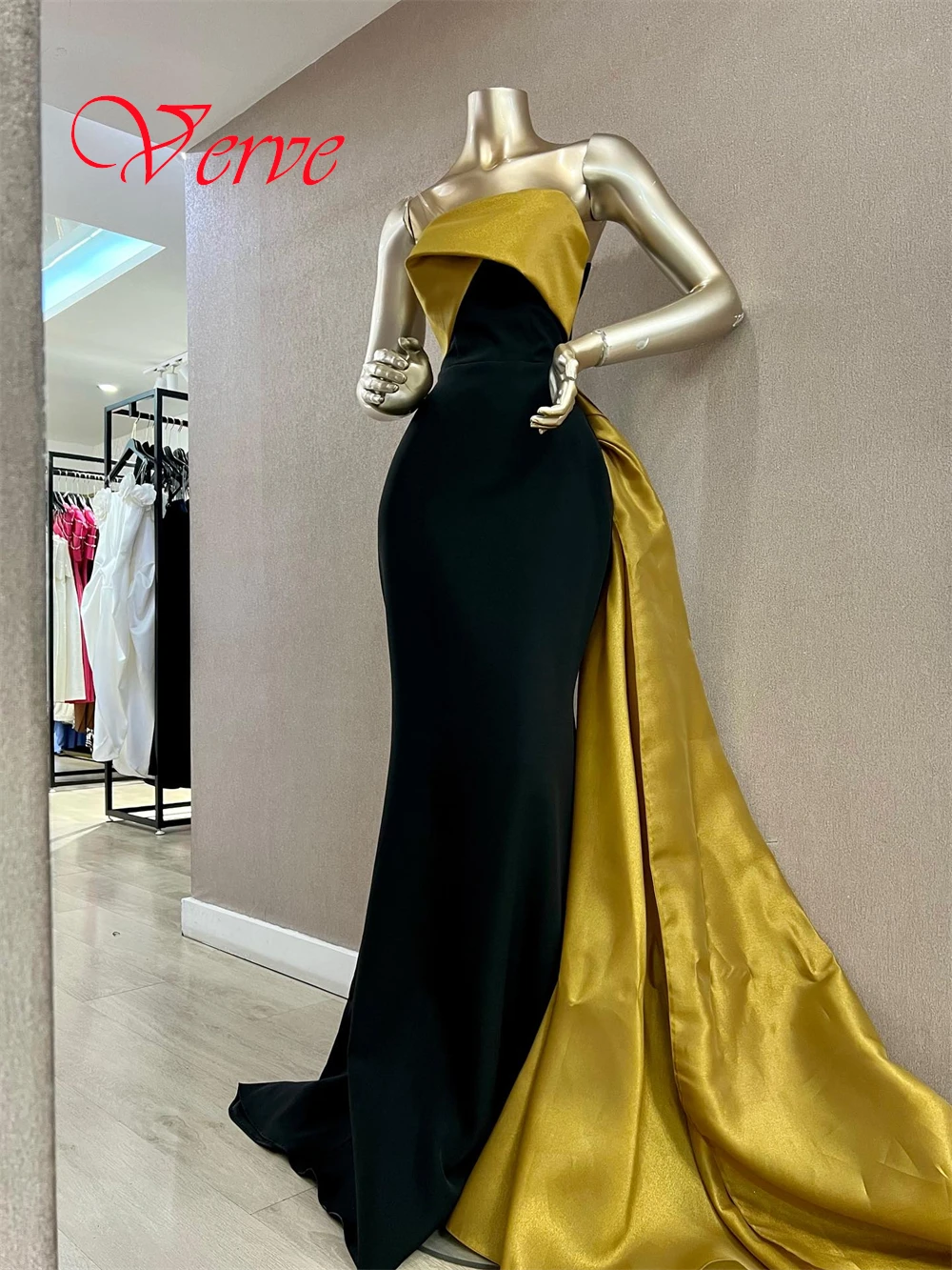 Customized Exquisite Black Satin Evening Dress High Quality Strapless Zipper Back Mermaid Contrast Color Special Occasion Gowns