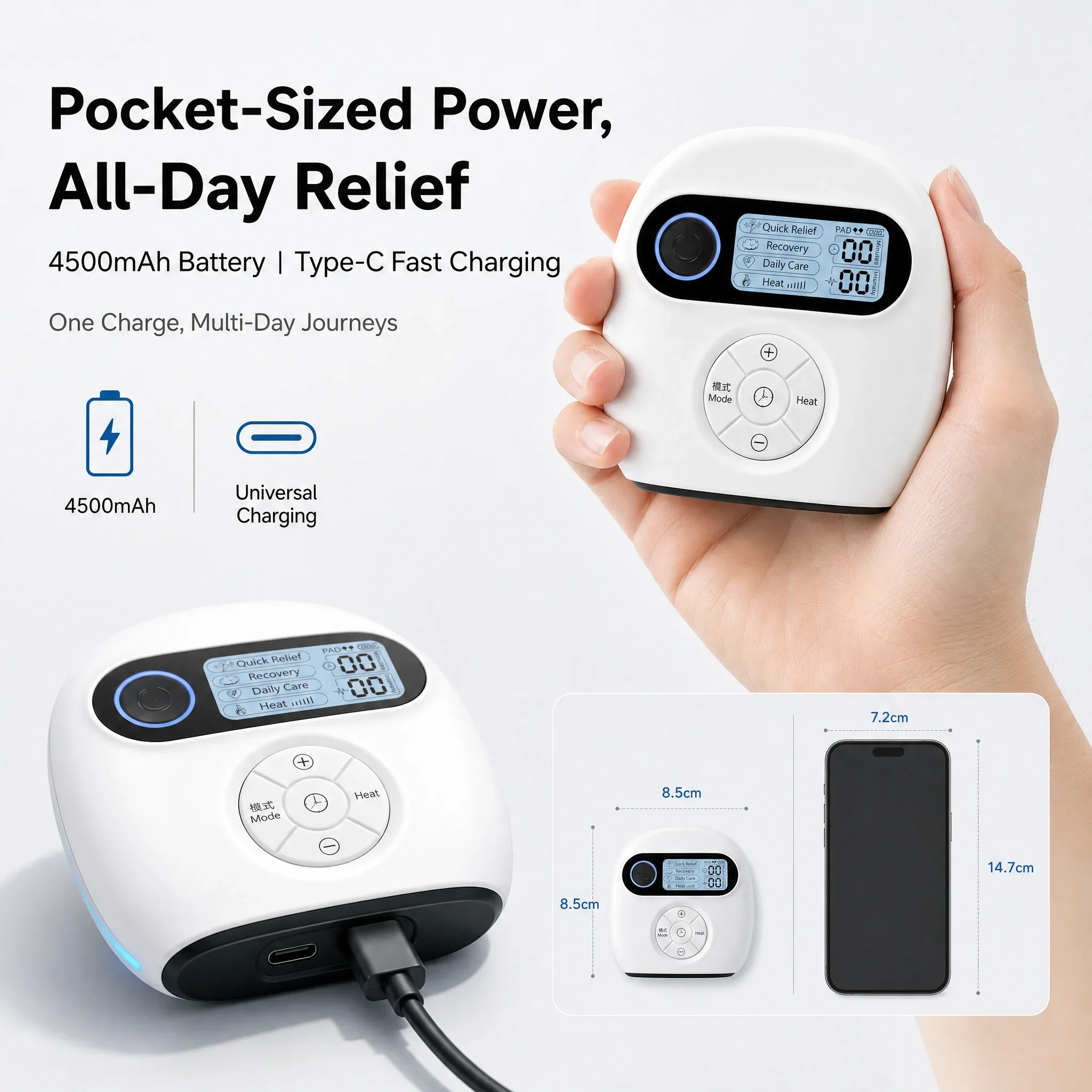 Heated TENS Electric Pulse Massager 50 Intensity Settings 4500mAh Large Battery Multi Modes Home Muscle Fatigue Relief Massage D