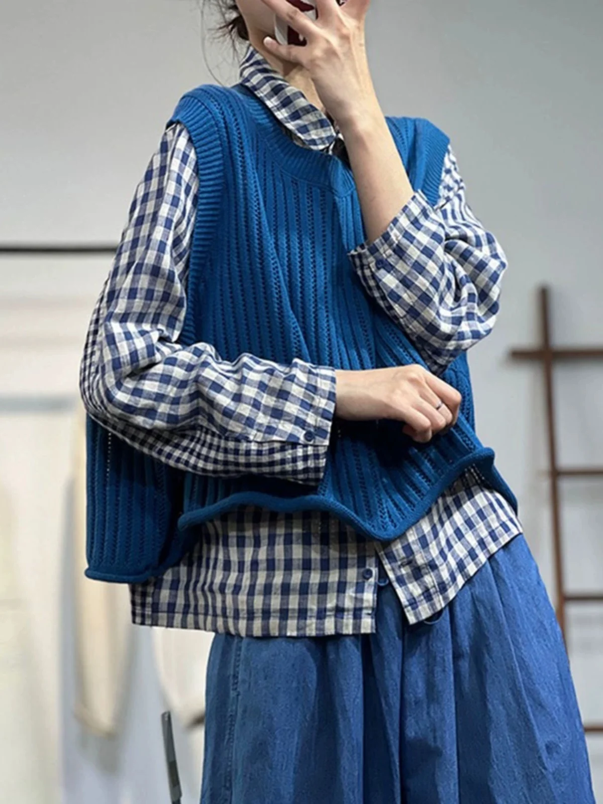 

Faionable ажурный жилет из нельефа с манжетами, женский осенний корейский свободный крой, универсальный круглый свитер Ne Svel