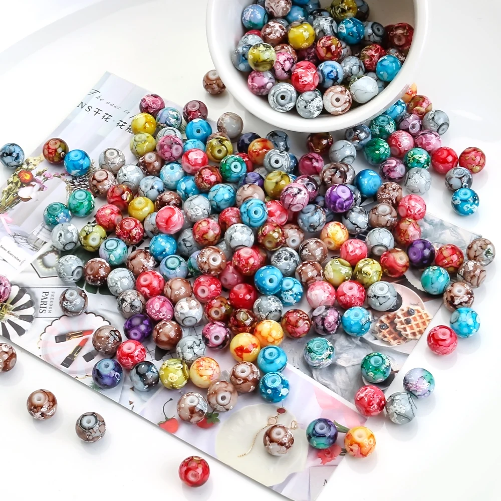 100 sztuk 8mm koraliki szklane rzemiosło graficzne kolorowe okrągłe luźne koraliki dystansowe robótki dla kryształowej biżuterii bransoletka DIY