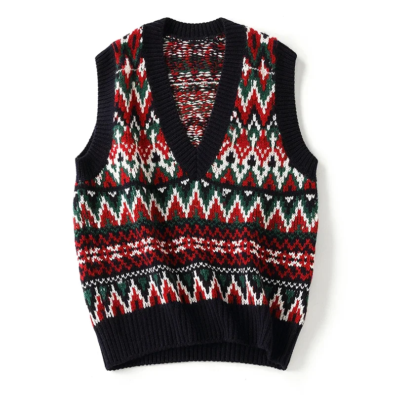 Shuchan  Christmas Knit Vest  Sleeveless 100% Cashmere  Vintage  V-Neck  Geometric Thick Winter Sweaters for Women Fashion