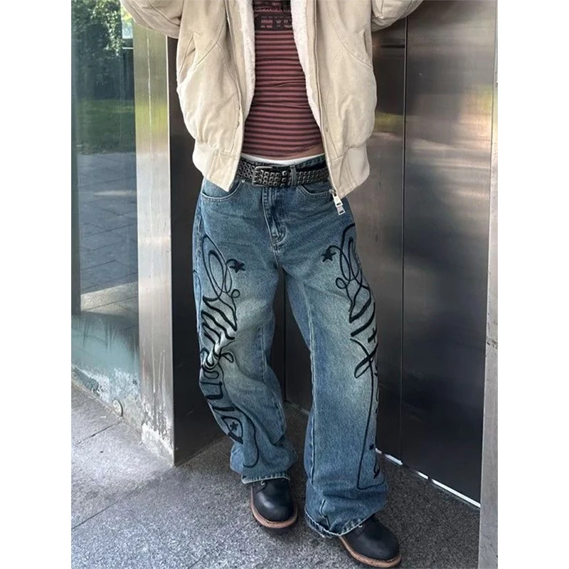 

Large Size American Retro Washed Distressed Graffiti Jeans for Women 2026 New Loose and Versatile Hanging Wide Leg Pants Y2K