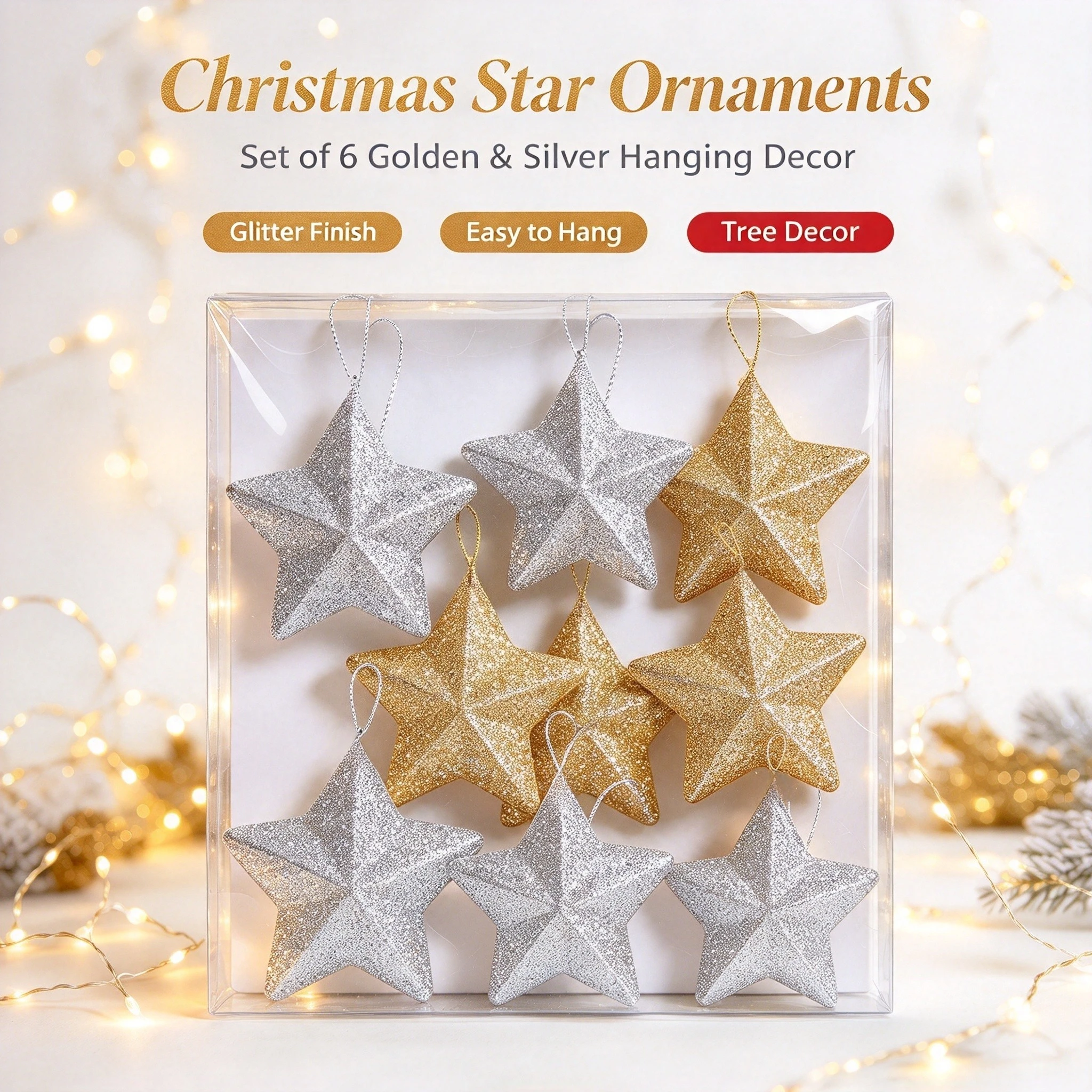 6Pcs 3D Glitter Star Pendant Christmas Tree Hanging Ornaments Multi-color Five-pointed Star Baubles Holiday Party Decor
