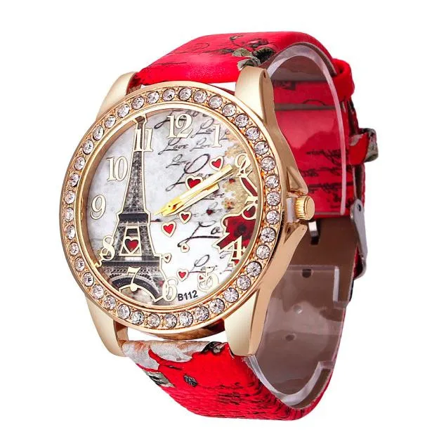 Tower Pattern Leather Band Analog Watches Full Diamond Round Dial Quartz Watch Flower Printed Vogue Wrist Watch RelóGio Feminino