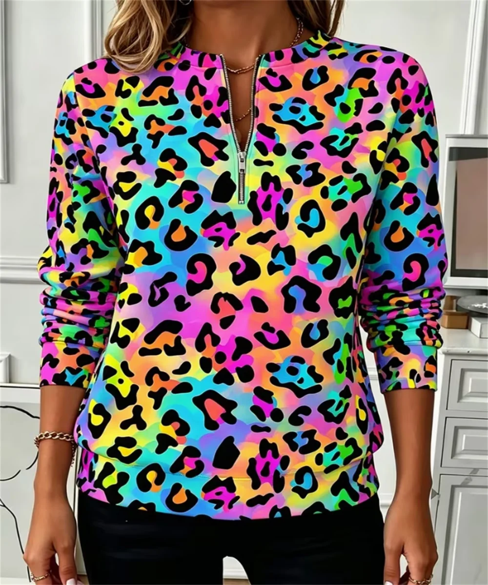 2026 Spring and Autumn Women's New Rainbow Colorful Leopard Print Long Sleeve Hoodie, Millennium Spicy Girl Atmosphere Top