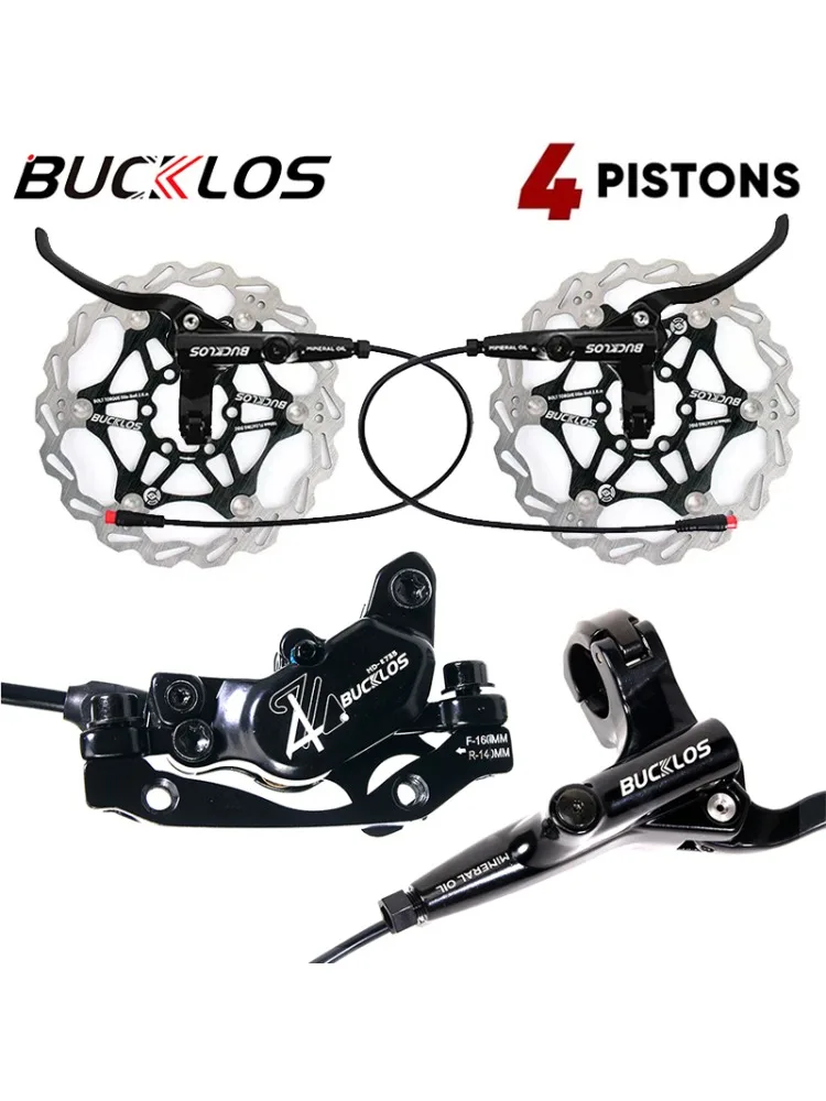AliExpress BUCKLOS 4 Piston MTB Hydraulic Brake Front Rear DH E-bike Disc Brake Set 1150 1950mm Four Piston Oil Pressure Hydraulic Brakes