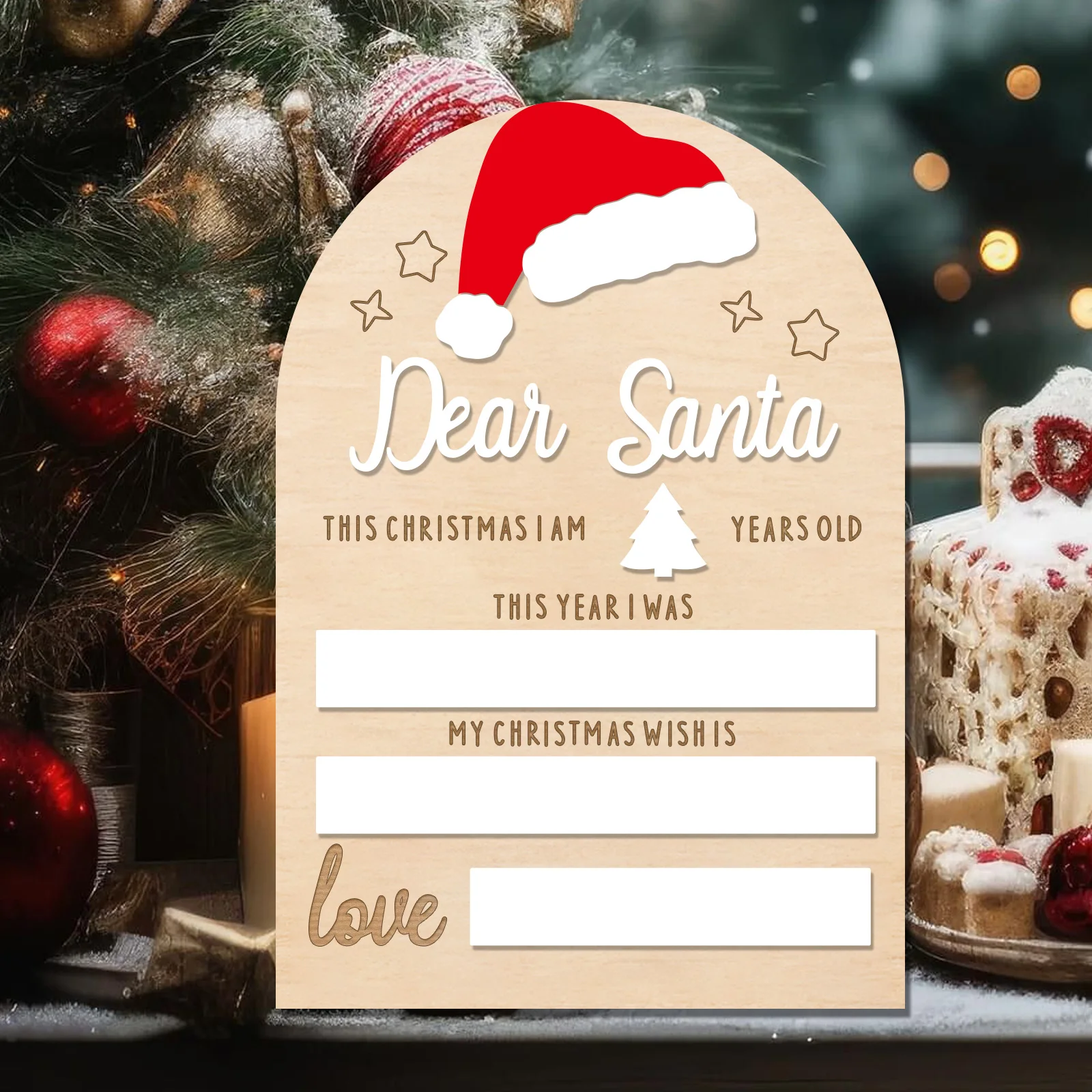 

Reusable Dear Santa Christmas Wish Board - Wooden Dry Erase Sign for Kids, Personalized Xmas Decor with Santa Hat & Gingerbread