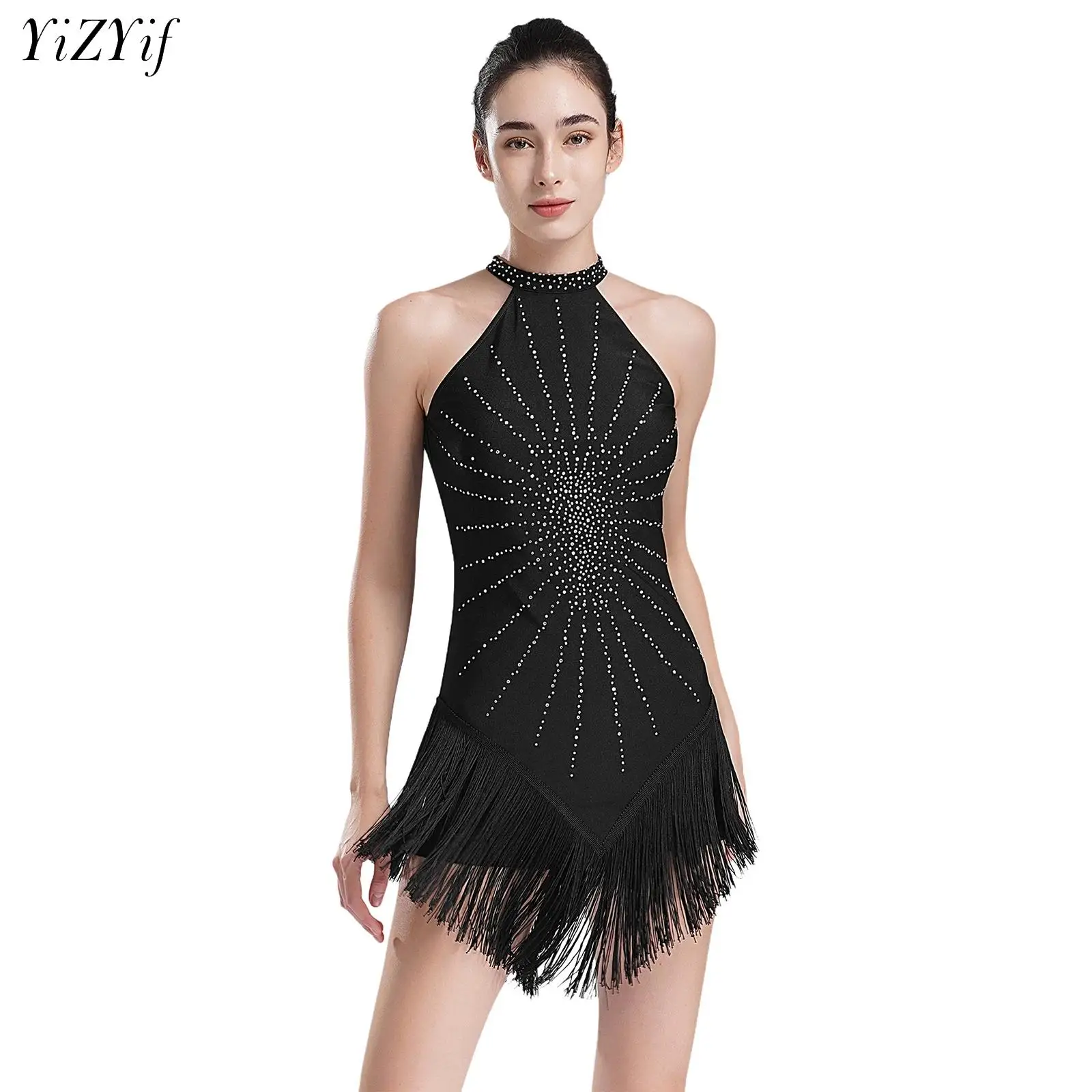 Disfraz de baile latino sin mangas para mujer, vestido asimétrico con flecos de diamantes de imitación, Ropa de baile para actuaciones de Jazz, Samba, Rumba