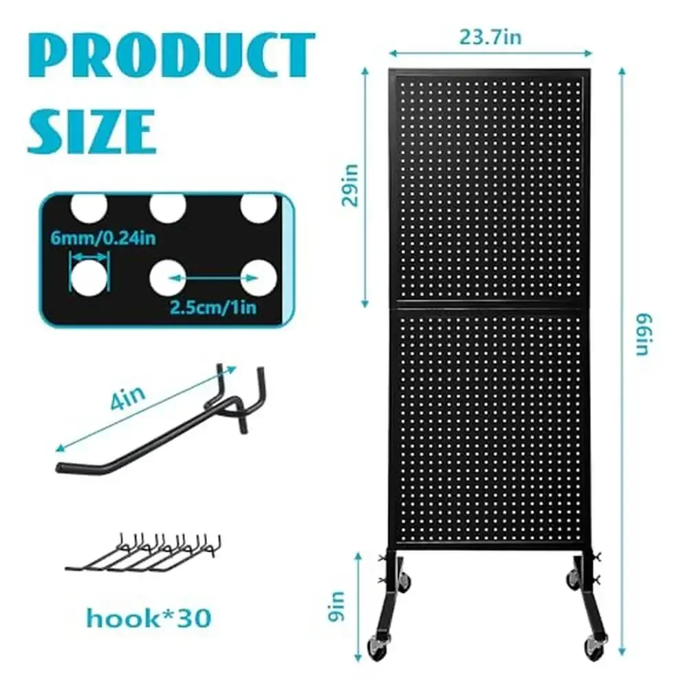 Metal Pegboard Display Stand with Wheels and 30 Hooks Durable Metal Panels Space Efficient Lockable Casters Ideal Garage Retail