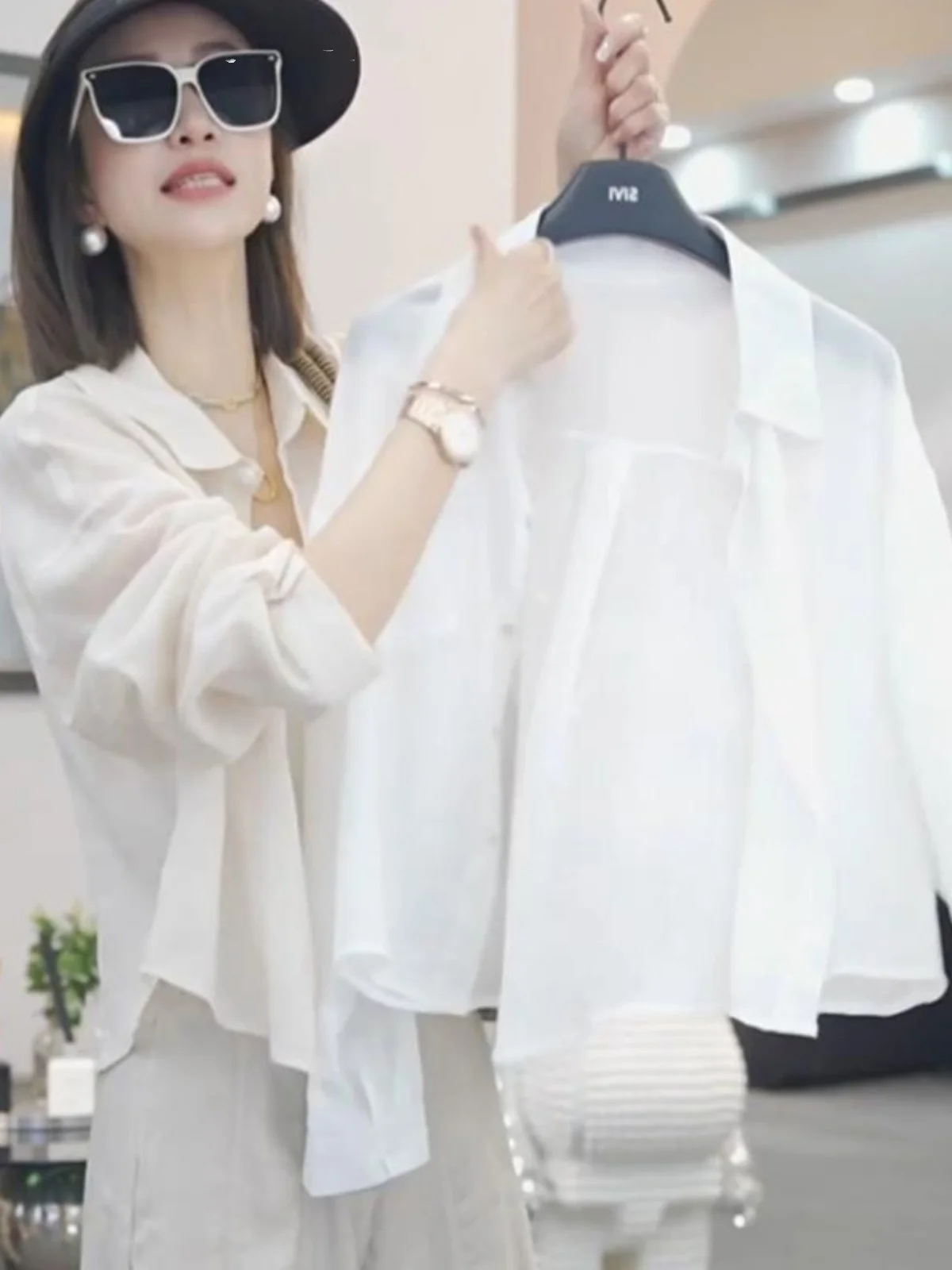 

Модная летняя женская рубашка из ледяного шелка без воротника, однотонная, с защитой от солнца, в корейском стиле, свободного кроя, длинная, с рукавами.