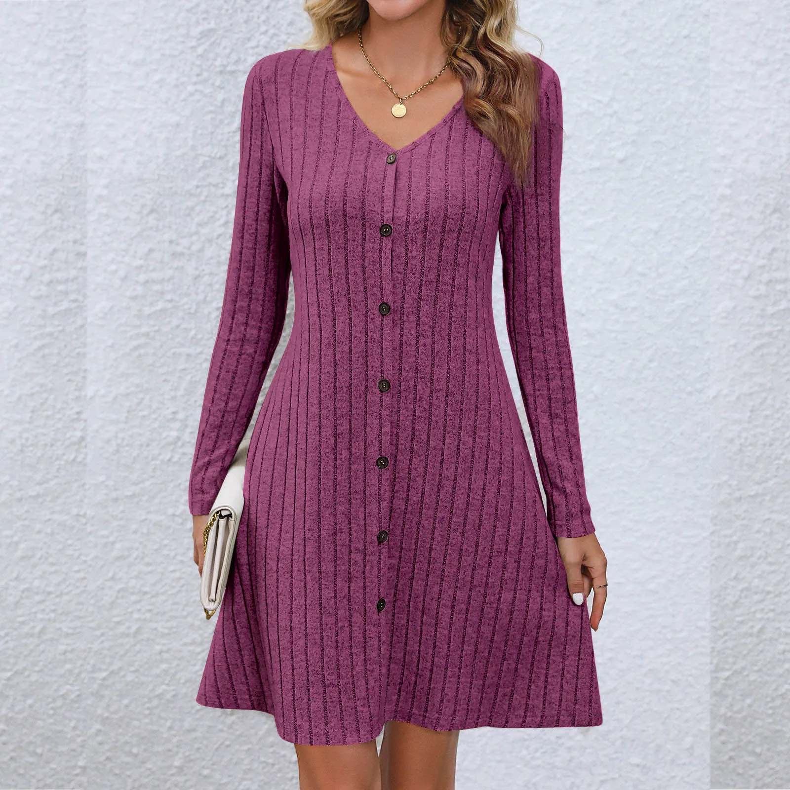 

Autumn and Winter Elegant Fashion New Gentle Chic Dress Women Vintage Solid Color V Neck Long Sleeve Button Midi Knitted Robes