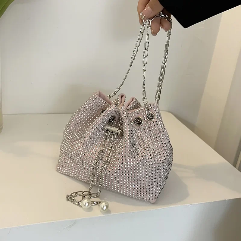 Bolsos de cubo con diamantes de imitación de memoria dulce para mujer, bolsos de hombro con cadena de perlas Retro, bolsos cruzados pequeños brillantes, bolsos femeninos