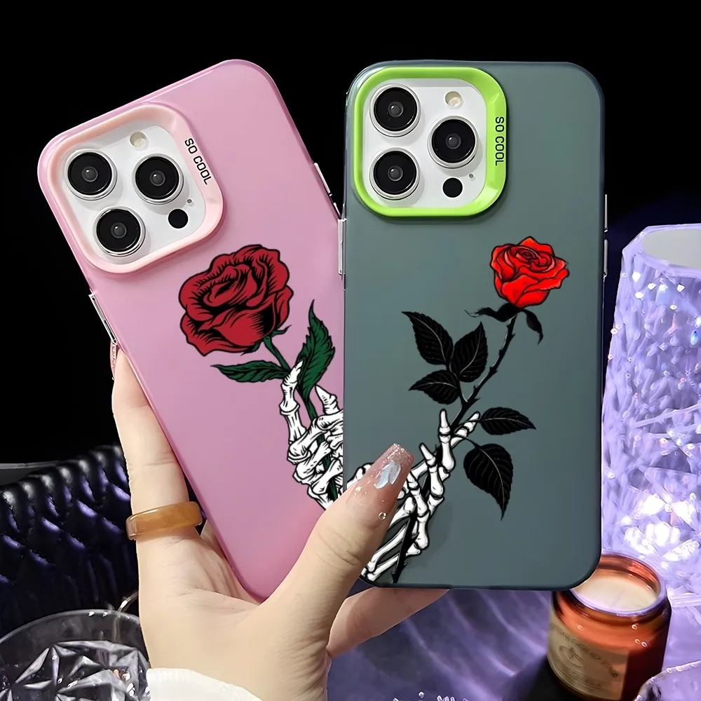 

Skeleton Hand Rose Graphic Phone Case For IPhone 16 15 14 13 12 11 Pro Max Pink Green Matte Laser Metallic Aurora Funda