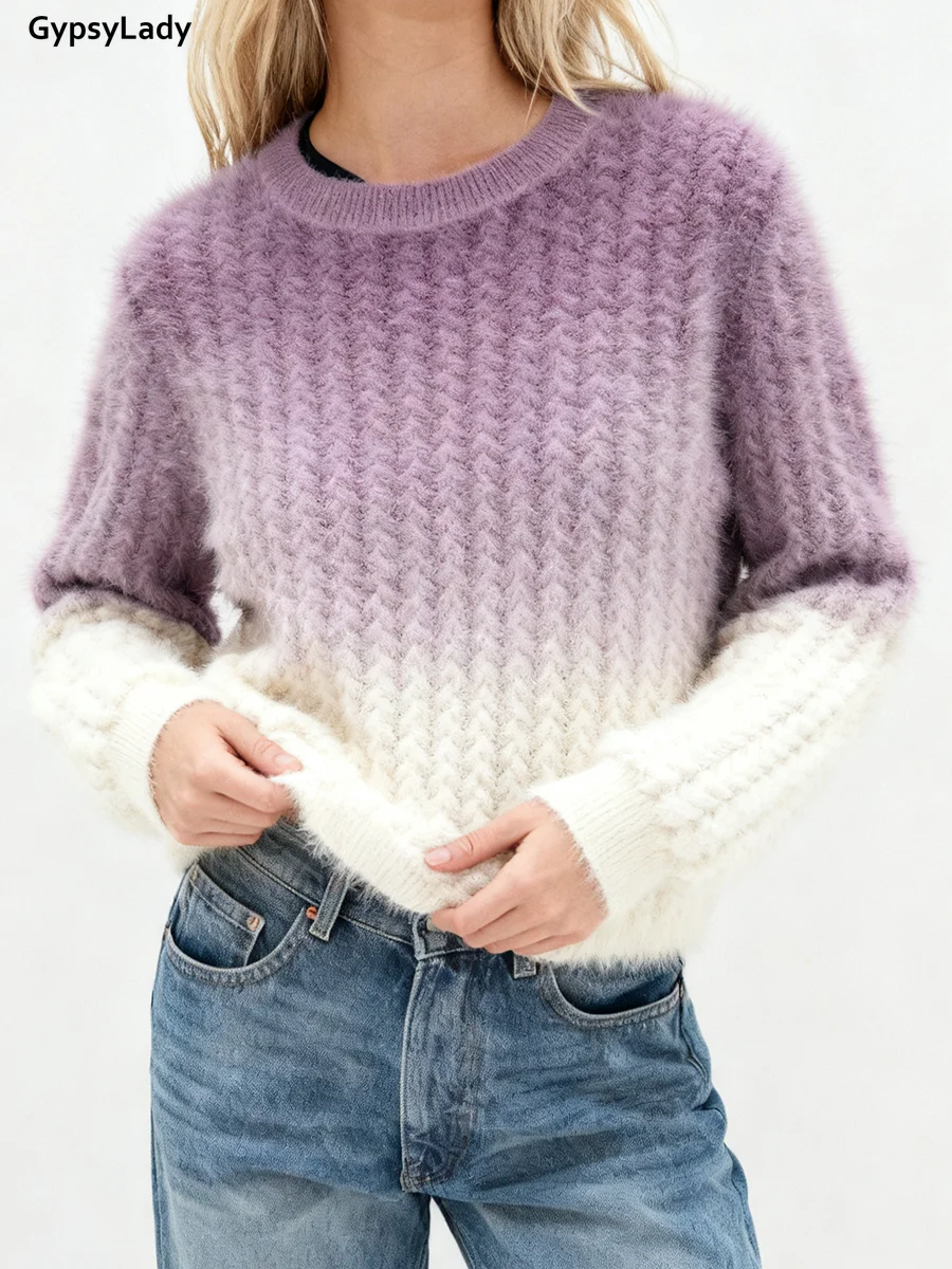 

Вязаный шерстяной свитер во французском стиле, пуловер фиолетового цвета с градиентом и круглым вырезом, с длинными рукавами, тонкий мягкий осенне-зимний повседневный женский трикотаж, новый