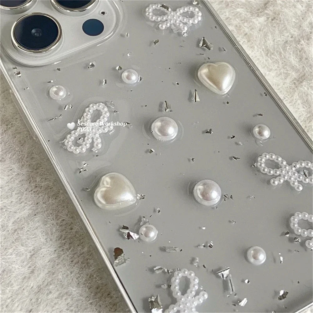 

Чехол для телефона из серебряной фольги с 3D жемчужным бантом для iPhone 17, Air 16, 15, 14, 12, 11 Pro Max 13 mini XS Max XR X, милый прозрачный мягкий чехол