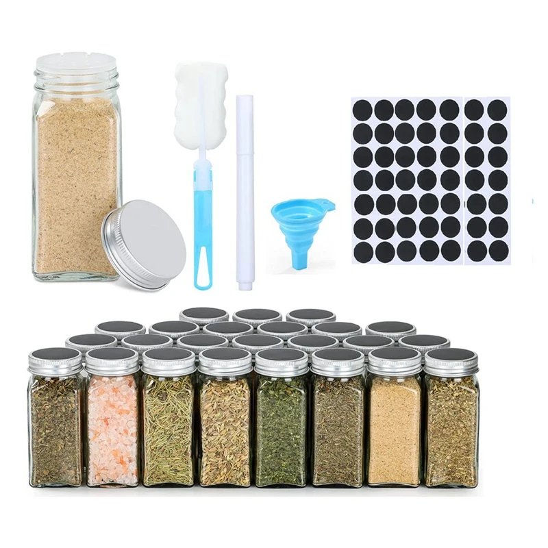 Spice Jars With Label, 24 Pcs Glass Spice Jars 4Oz Seasoning Organizer, Empty Square Spice Containers Bottles