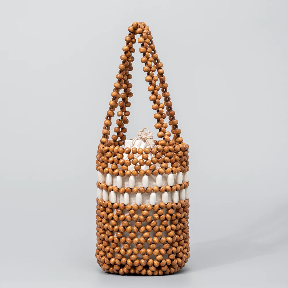

Wooden Bead Women's Handbag Handmade Woven Bag for Beach Vacation Versatile for Daily Commuting Bucket Bags Niche Design
