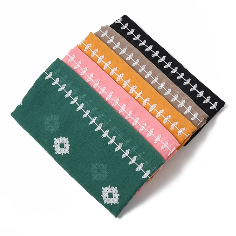 Big Size Embroidery Plain Cotton Linen Hijab Scarves Women Muslim Shawls Solid Headscarf Wraps Islamic Turban Foulard Ramadan