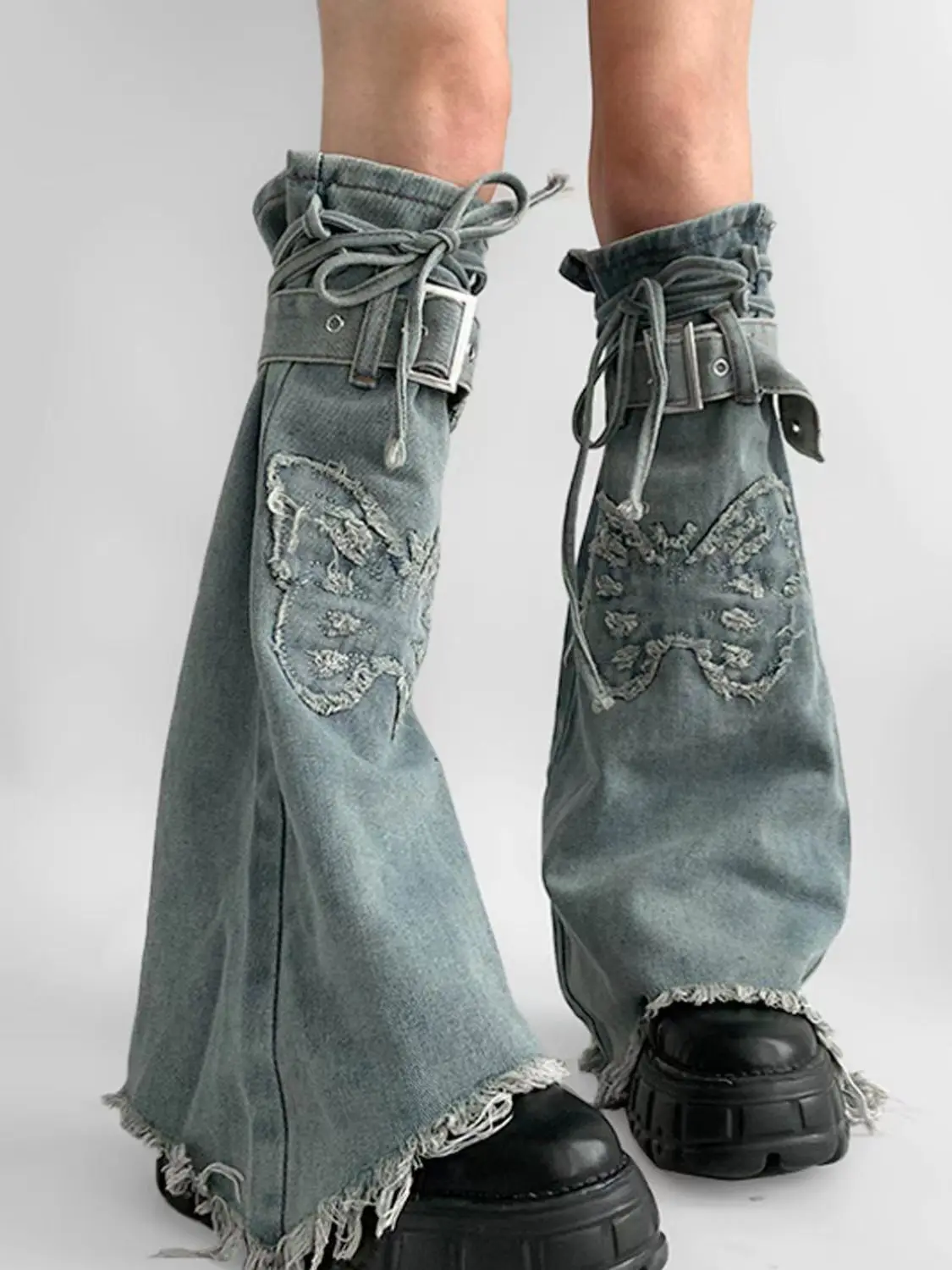 Retro Butterfly Y2k Denim Leg Warmer Design Sense Strap Buckle Flared Jeans Leg Covers Crunge Streetwear