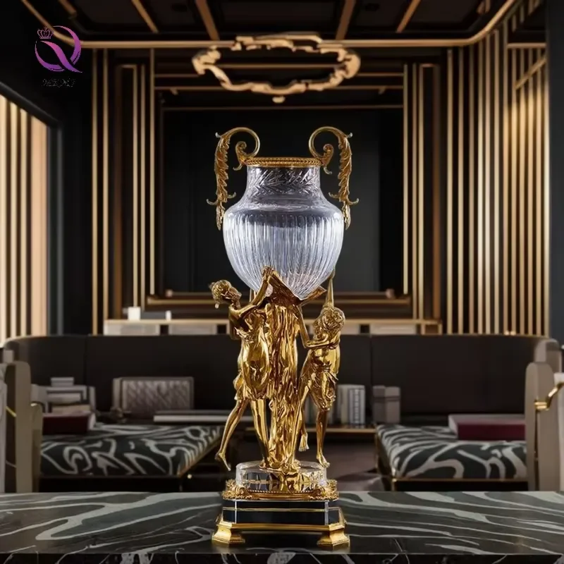 Golden Angel Decorative Tall Crystal Floor Vase Art Crafts Antique Large Angel Brass Metal Flower Vase for Luxury Home Decor