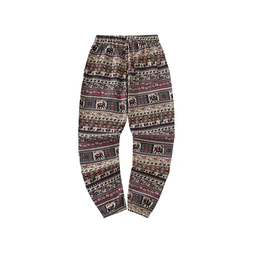 Imagen 2 del producto Pantalones ligeros transpirables con estampado gráfico de estilo étnico con cordón informal para hombre de mezcla de algodón con bolsillos para actividades al aire libre