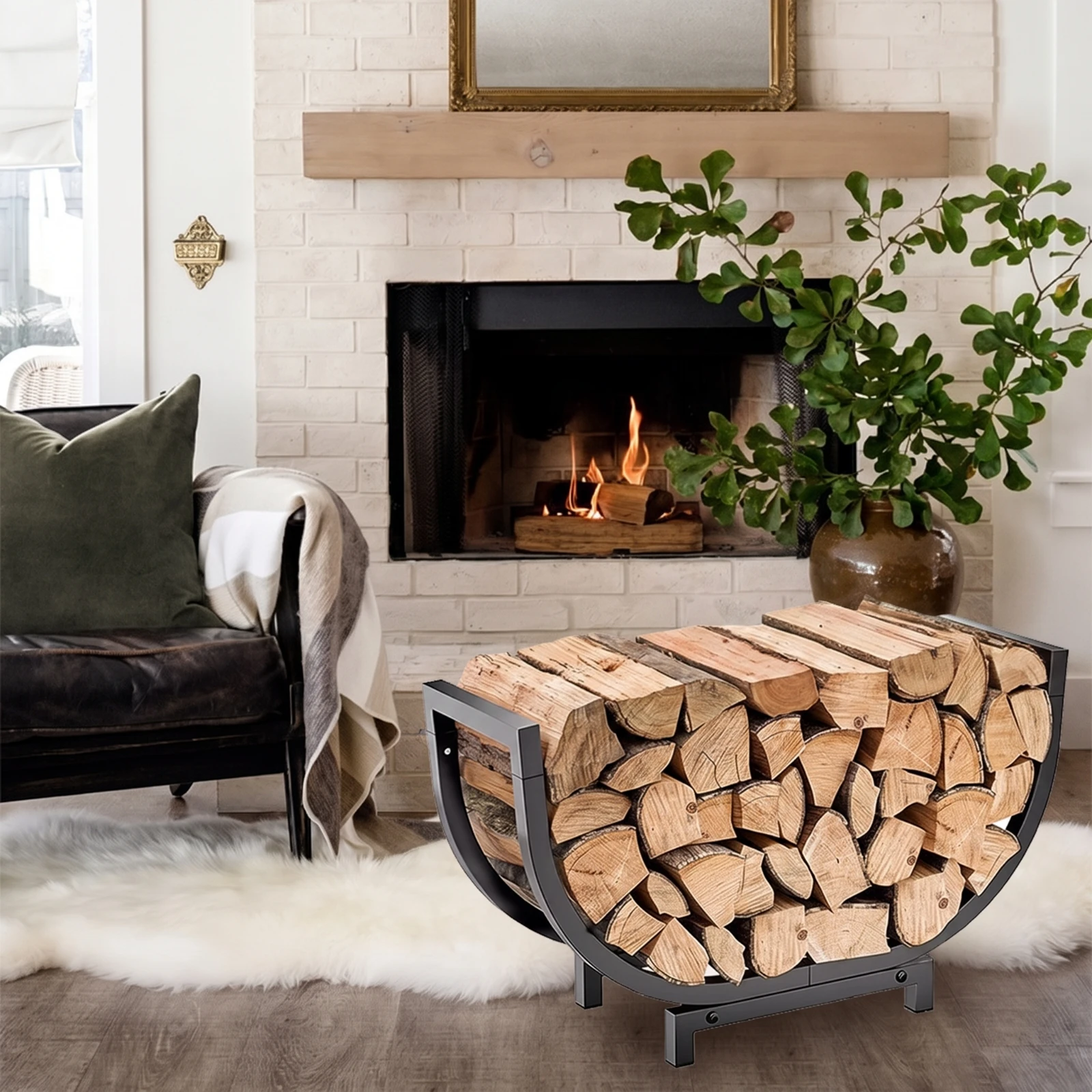 Firewood Storage Rack Heavy-Duty Fireplace Log Holder Cradle Log Rack Compact Powder Coated for Homeowners, Hearth, Living Room