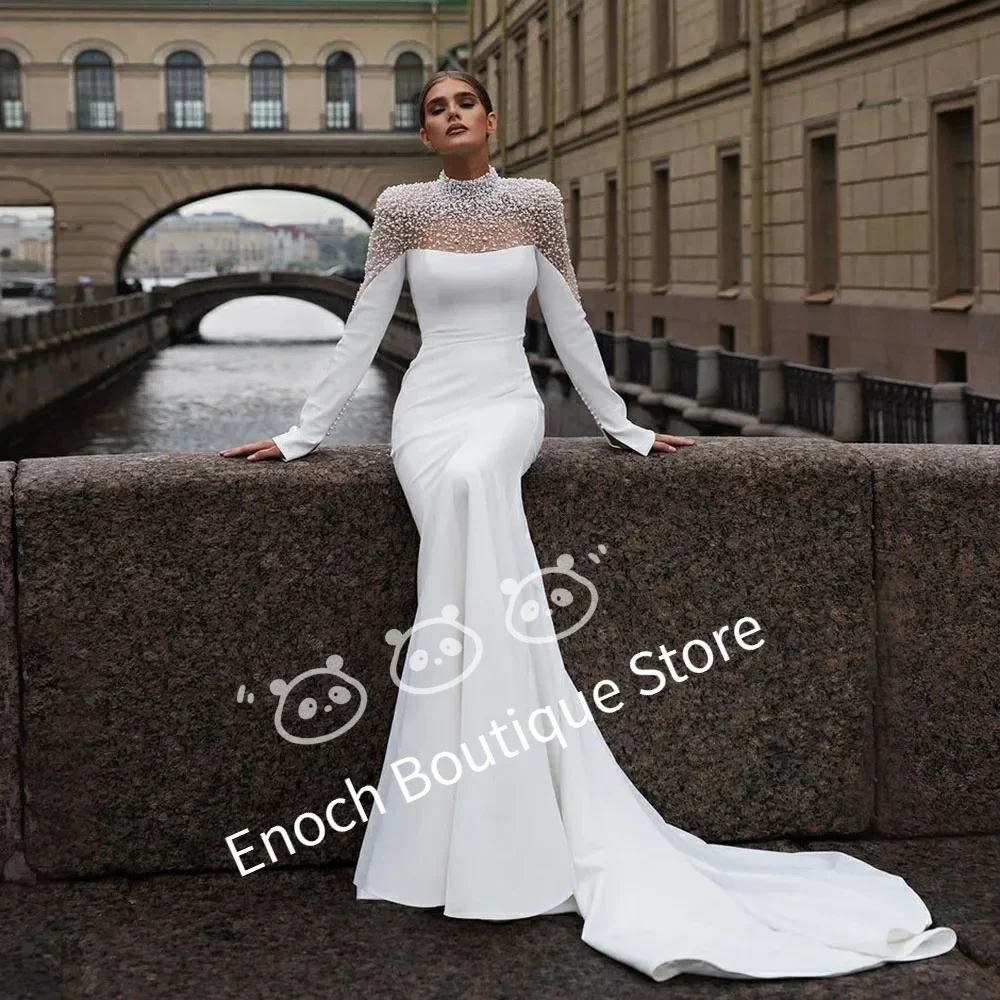 Customized Msikoods Luxury High Neck Wedding Dresses Long Sleeve Pearls Beading Mermaid Bridal Dress Satin Women Brides Gown