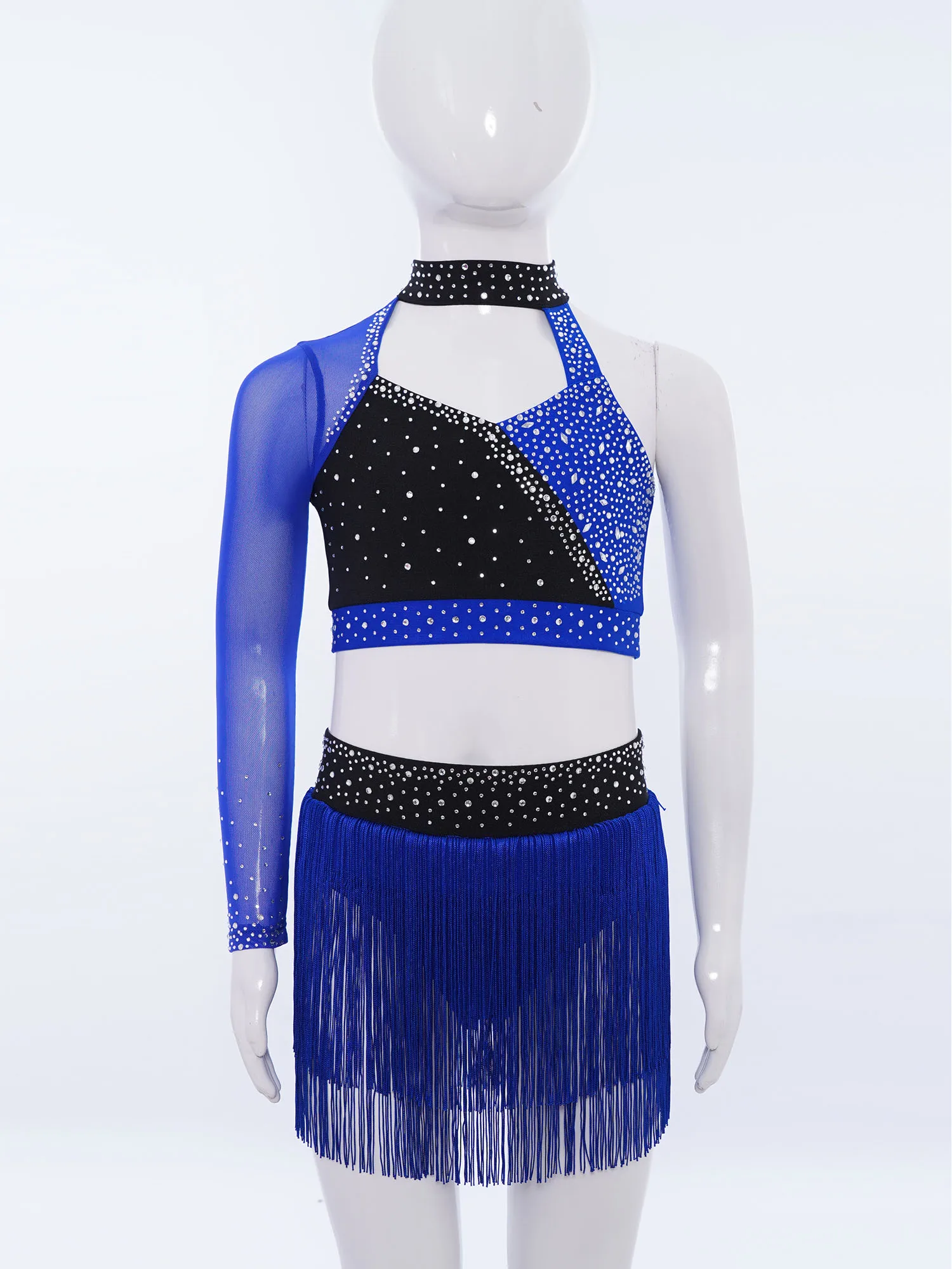 Novas meninas conjunto de dança latina roupas crianças dança latina cor bloco colheita topo + saia franjas cha rumba samba dança prática terno