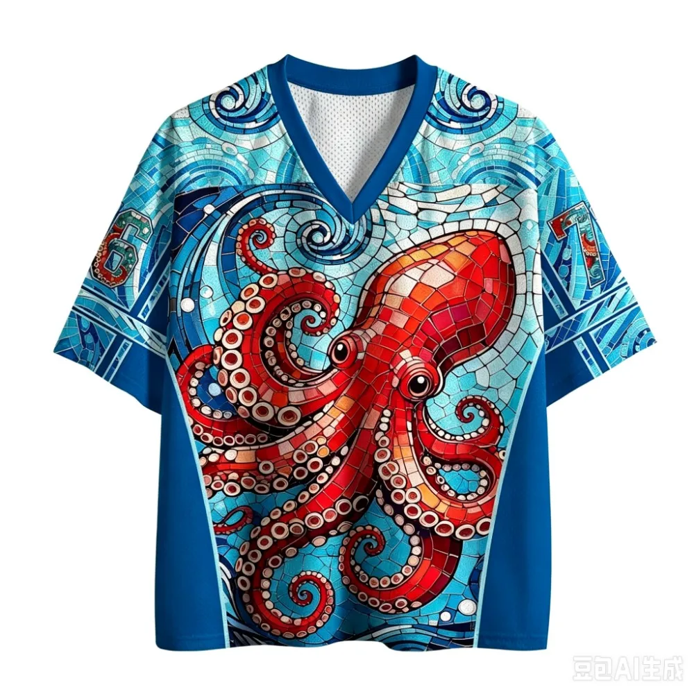 Retro Japanese Octopus Pattern Sport Quickdry Breath 3DPrint Men V-Neck T-Shirt Street Fashion Hip-Hop Y2K Parent-child Clothing