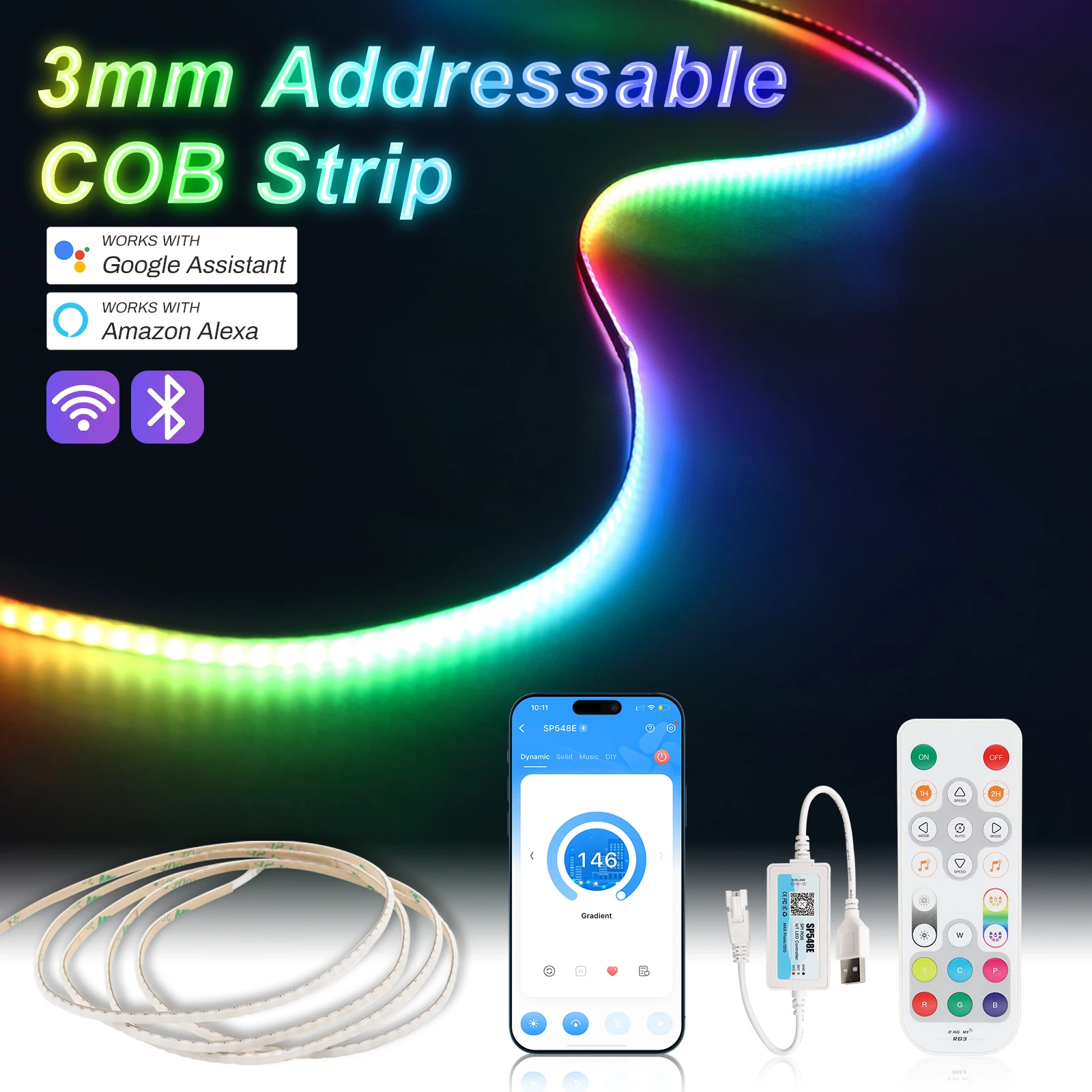 Striscia LED RGB indirizzabile WS2812B da 5 V Striscia COB flessibile RGB IC individualmente Larghezza 3 mm Nastro LED Dream Color 240 LED/m