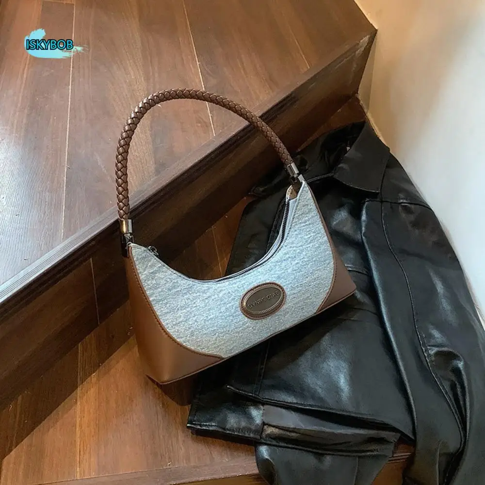 

Fashion Spicy Girl Retro Denim Armpit Bag Y2K Korean Style Crescent Bags Color Matching Luxury Underarm Shoulder Bag Streetwear