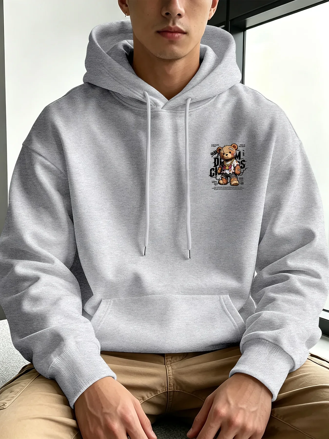 Hip Hop Patch Teddy Bear Graphic Hoodie Ripped Stitched Bear With Gold Chain Double Side Print Loose Men Hoodie