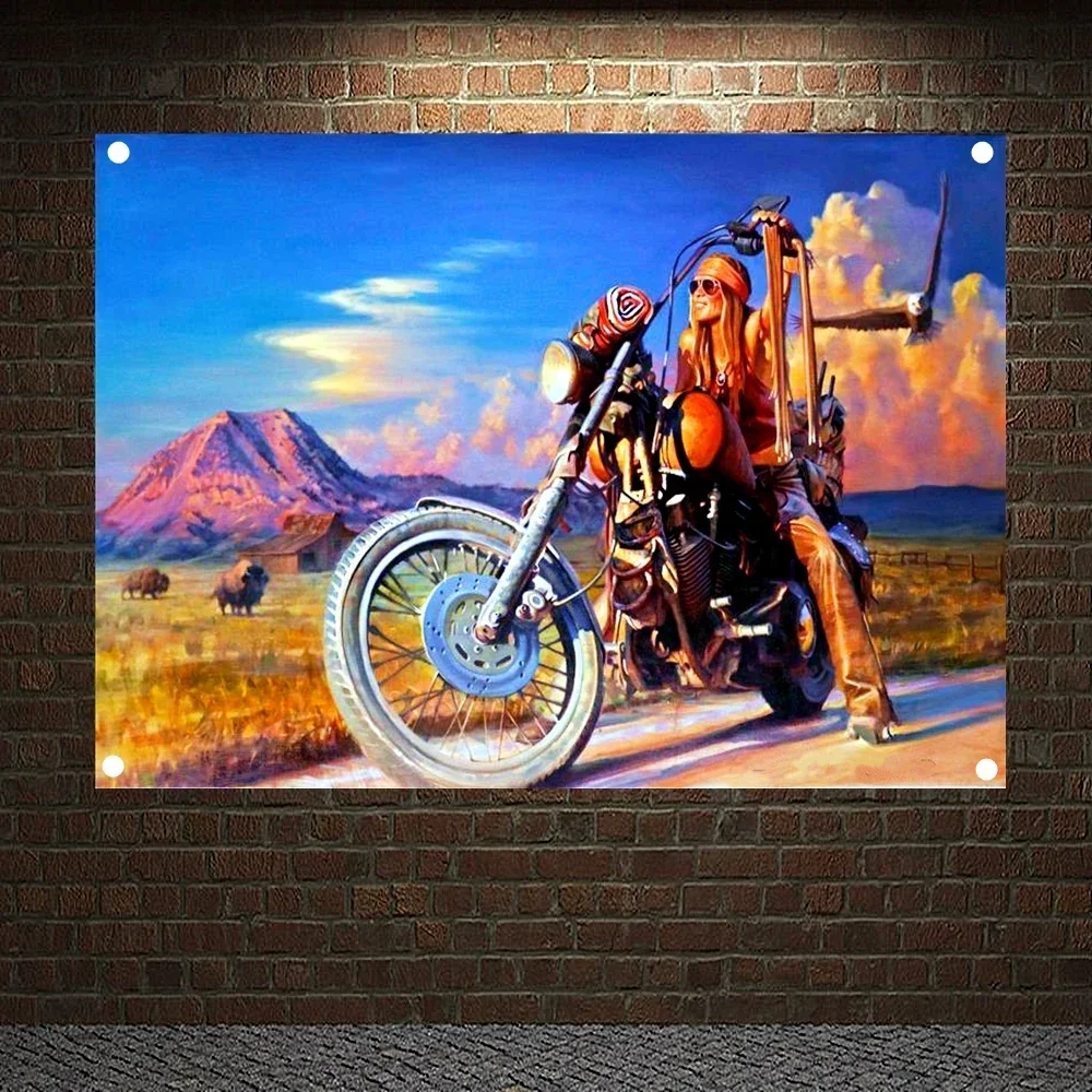 Eagle Easy Rider Vintage Decor Banner Motorcycle Painting for Garage Gas Station Man Cave Auto Repair Shop Home Decor Poster