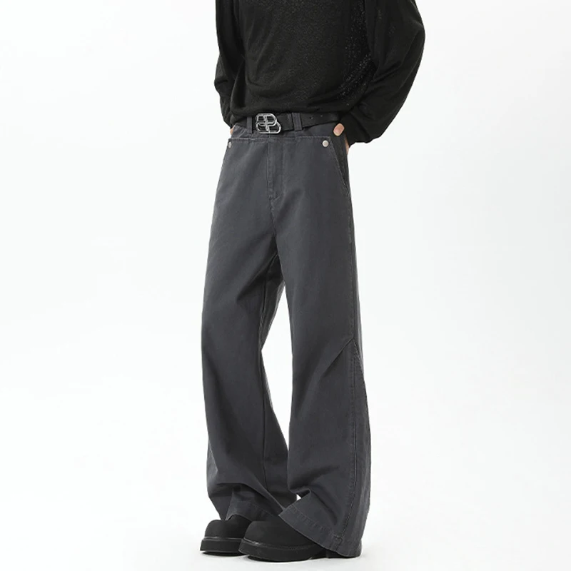 WTHT 패션 남성 솔리드 컬러 패치 워크 버튼 디자인 데님 바지 빈티지 2025 여름 하이 웨이스트 스트레이트 청바지 남성 2A0781