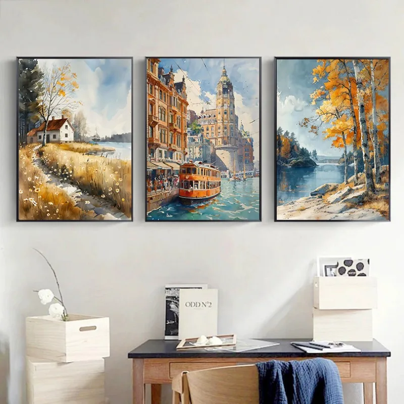 Finland City Landscape Helsinki Lapland Scenery Travel Poster Europe Watercolor Canvas Art Painting Wall Living Room Home Decor