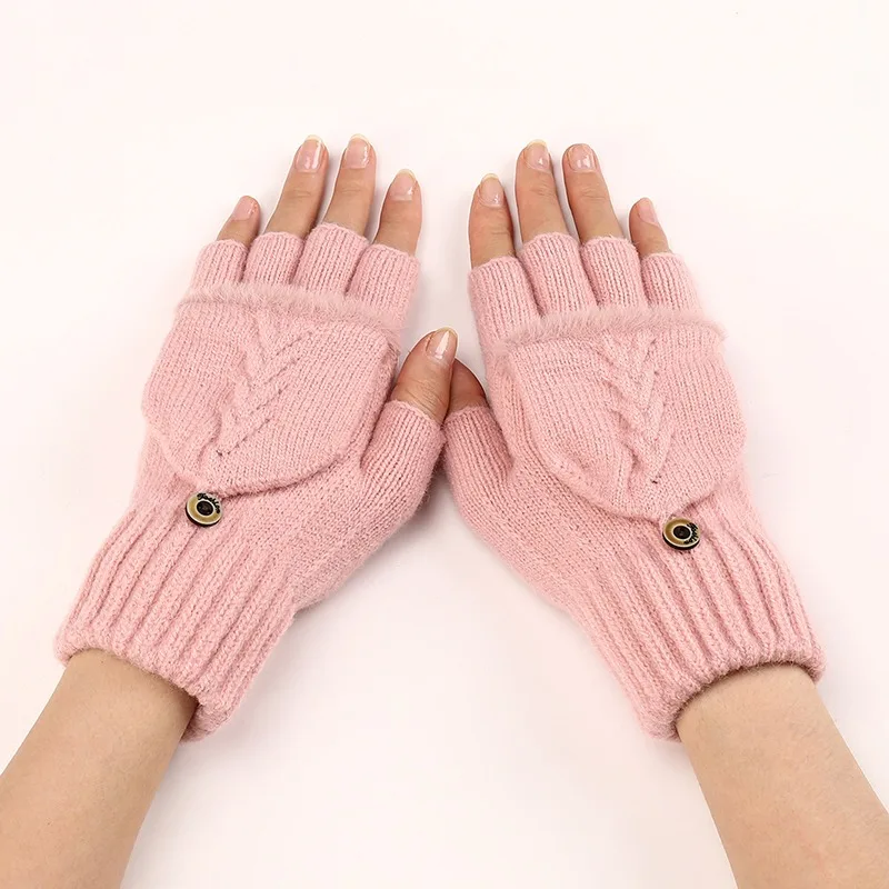1 Pair Knitted Thicken Flip Cover Gloves Classic Solid Color Exposed Gloves Soft Crochet Fingerless Mittens Winter Warm Mittens