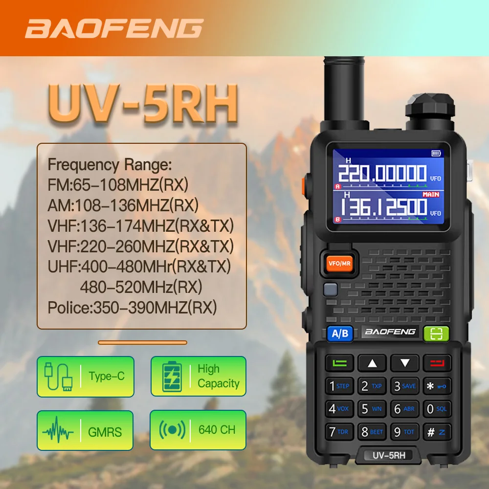 1 unidad Baofeng UV-5RH 10W 999 canales Vhf UHF Radio de doble banda UV-5RH banda aérea RX tipo C FM AM Radio portátil bidireccional UV-5RH