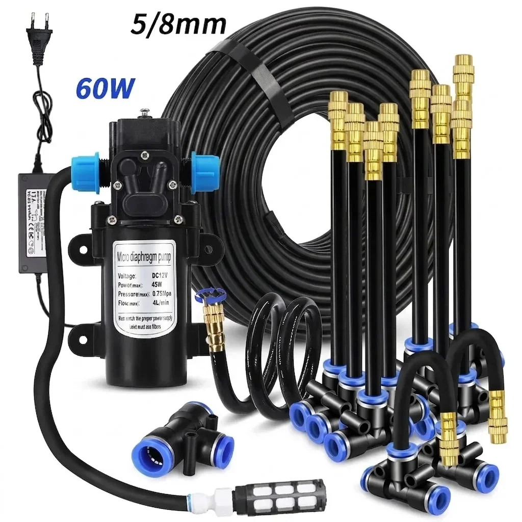 Garden 5/8mm PE Hose Sprayer Kit With 60W Self Priming Pump 20cm Universal Brass Nozzle Misting Watering System Plants Outdoor