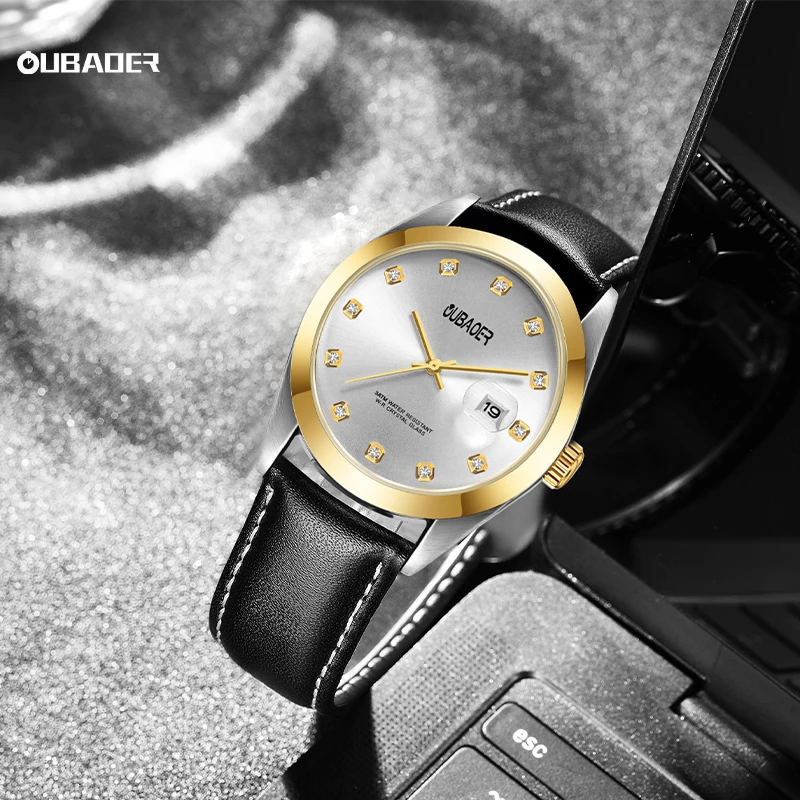 OUBAOER Man Lightweight Daily Quartz Wristwatch Men's Genuine Leather Strap Transparent Hardened Mineral Crystal Watches