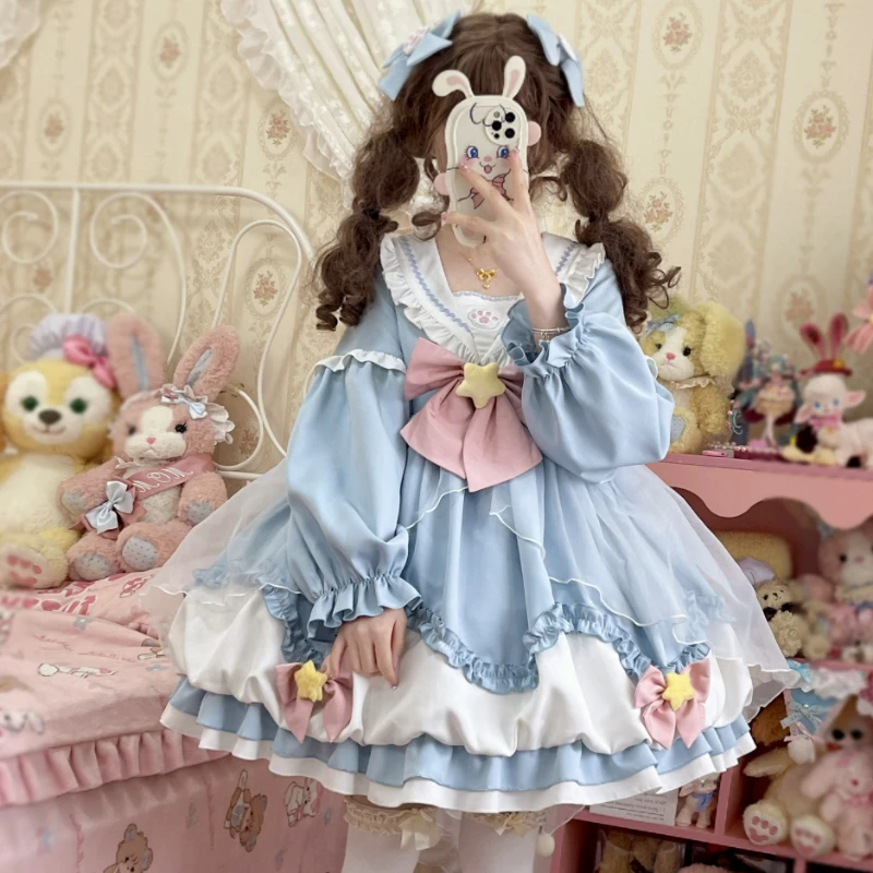 Mini vestido estilo lolita japonês para mulheres, babados bonitos, babados de malha, arco estrela, gola de marinheiro, mangas compridas, vestidos de princesa, kawaii