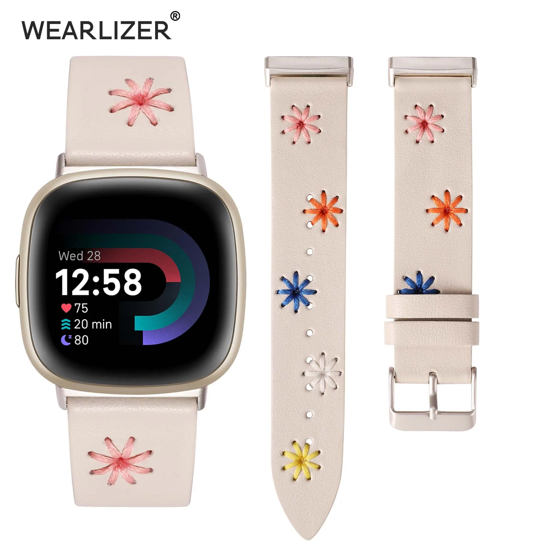 

Wearlizer Leather Band for Fitbit Versa 4/3, Sense 2/Sense, Women’s Boho Daisy Floral Handmade Soft Strap, Cute Vibrant Colors